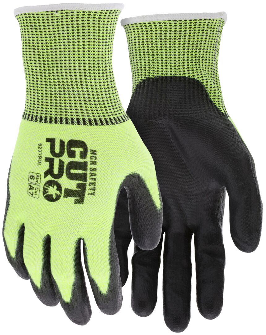 9277PU - MCR Safety CutPro® - 13 Gauge HyperMax® HPPE Shell - PU Coated Palm and Fingertips - Hi-Visibility Cut Resistant Work Gloves