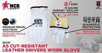 3601K - Leather Drivers Work Gloves - Premium A Grade Grain Goatskin - Lined with DuPont™ Kevlar Aramid / Synthetic - Cut Resistant - Arc rating of 37.5 cal/cm²