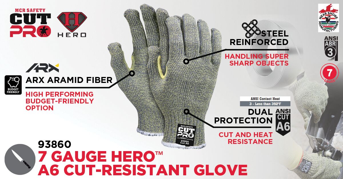 93860 - MCR Safety CutPro® with Hero™ Technology - 7 Gauge Regular Weight Shell - Made with ARX® Aramid Fibers - Uncoated Cut Resistance * NOTE ROLLING CHANGE* This glove is transitioning from Cut level A6 to A7 See Details Below **