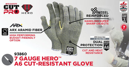 93860 - MCR Safety CutPro® with Hero™ Technology - 7 Gauge Regular Weight Shell - Made with ARX® Aramid Fibers - Uncoated Cut Resistance * NOTE ROLLING CHANGE* This glove is transitioning from Cut level A6 to A7 See Details Below **
