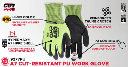 9277PU - MCR Safety CutPro® - 13 Gauge HyperMax® HPPE Shell - PU Coated Palm and Fingertips - Hi-Visibility Cut Resistant Work Gloves