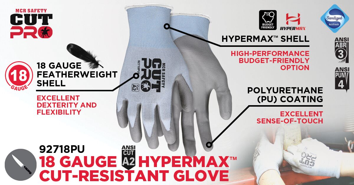 92718PU - MCR Safety CutPro® - 18 Gauge HyperMax® HPPE Shell - Cut, Abrasion, and Puncture Resistant - Polyurethane (PU) Coated Palm and Fingertips - 18 Gauge HyperMax® Shell Provides Sense of Touch and Grip