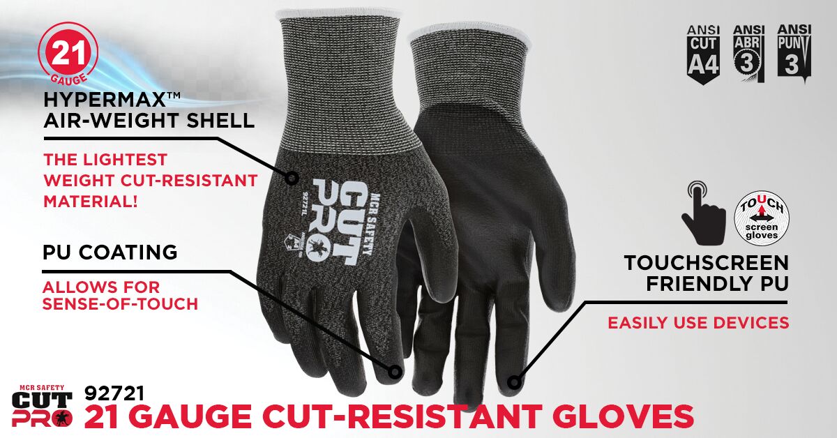 92721 - MCR Safety CutPro® - 21-Gauge HyperMax® HPPE Shell Cut - Abrasion and Puncture Resistant - Polyurethane (PU) Coated Palm and Fingertips - Extreme Dexterity with Excellent Cut Resistance
