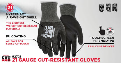 92721 - MCR Safety CutPro® - 21-Gauge HyperMax® HPPE Shell Cut - Abrasion and Puncture Resistant - Polyurethane (PU) Coated Palm and Fingertips - Extreme Dexterity with Excellent Cut Resistance