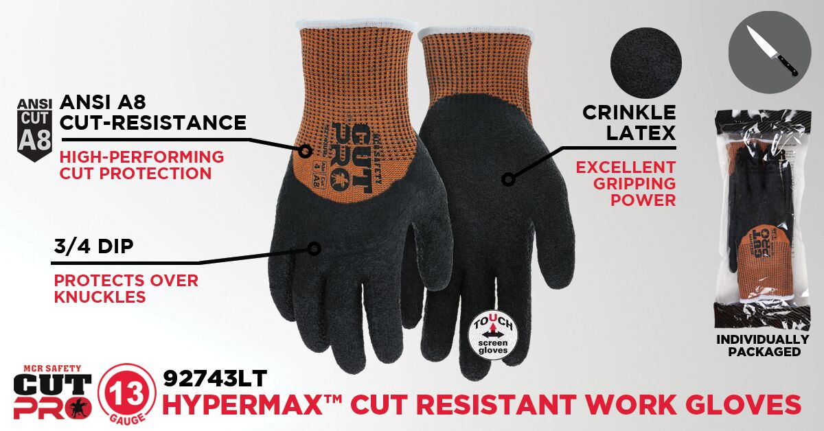 92743LT - MCR Safety CutPro® - 13 Gauge HyperMax® HPPE Shell - Cut Resistant Work Gloves - Crinkle Latex Palm and Over the Knuckles - High Cut Rating and Excellent Gripping Power