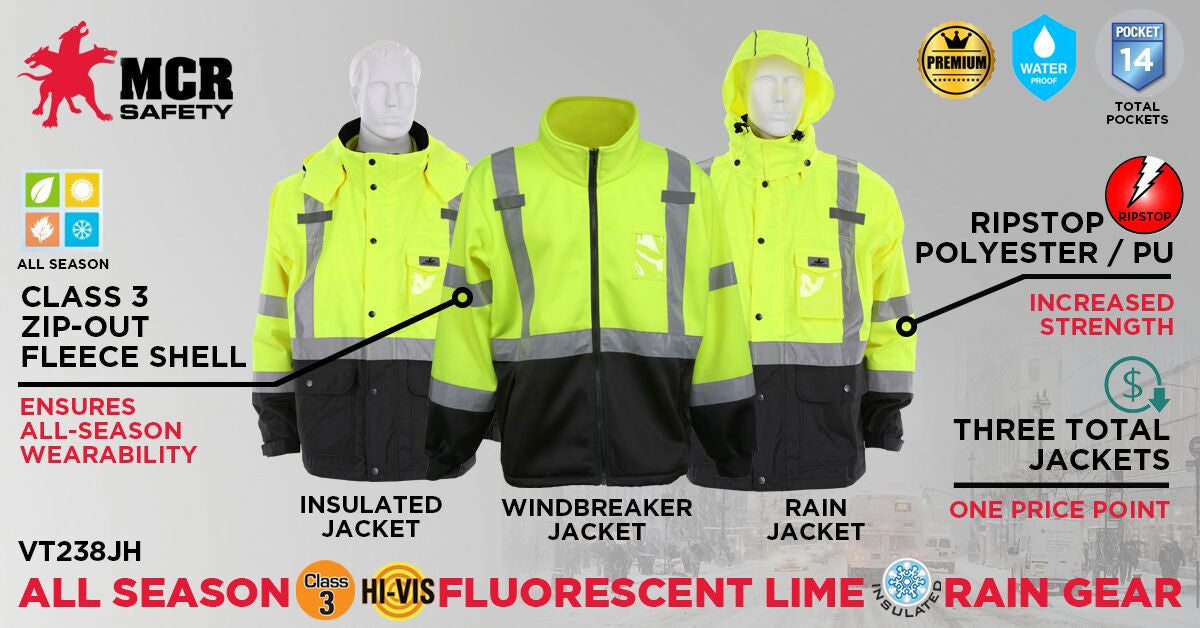 MCR Safety VT238JH - Hi-Vis Rain Gear - Winter Jacket - Rip Stop Polyester / PU Outer Shell - Zip Out Hi-Vis Anti-Piling Fleece Liner - Both Meet ANSI/ISEA 107 2020 Type R Class 3 Standard - Outer Jacket Shell has Detachable Hood — manufacturer image 3