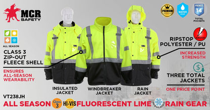 MCR Safety VT238JH - Hi-Vis Rain Gear - Winter Jacket - Rip Stop Polyester / PU Outer Shell - Zip Out Hi-Vis Anti-Piling Fleece Liner - Both Meet ANSI/ISEA 107 2020 Type R Class 3 Standard - Outer Jacket Shell has Detachable Hood — manufacturer image 3