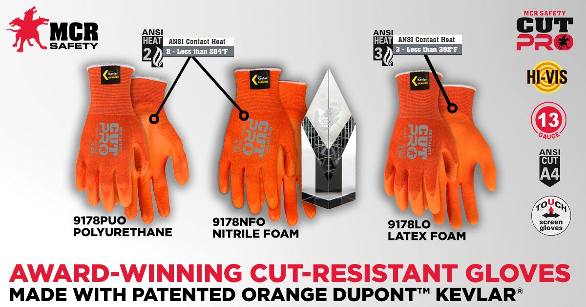 9178LO - MCR Safety CutPro® - 13 Gauge Orange DuPont™ Kevlar® Aramid Shell - Cut Resistant Work Gloves - Latex Foam Coated Palm and Fingertips - Latex Foam Provides Greater Gripping Power