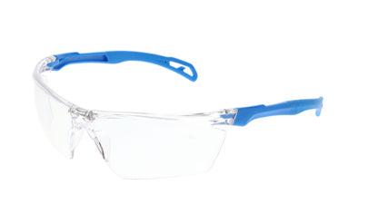 MCR Safety DM3MD - Dominator™ DM3-MD Safety Glasses - Metal Detectable / X-Ray Detectable - Clear Frame with Blue Temples - Earplug Retaining Technology - Adjustable Wire Core Temples for Custom Fit — manufacturer image 4