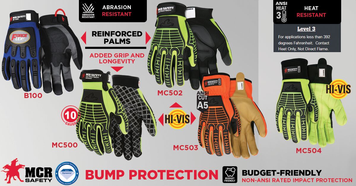 MC500 - MCR Safety UltraTech® Mechanics Gloves - Hi-Visibility Cut and Abrasion Resistant Gloves - 10 Gauge HPPE/Synthetic Brushed Nylon - Silicone Palm Blocks and TPR Cage Back - Excellent Cut Resistance with Back-of-Hand Impact Protection