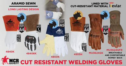 4955H - Leather Welding Work Gloves - Competitive Value (CV) C+ Grade Grain Cow Leather - 4 Inch Split Leather Bell Cuff - Lined and Sewn with ARX® Cut Resistant Material for Excellent Durability