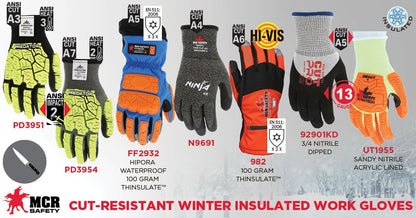 982M - MCR Safety Insulated Mechanics Gloves - 100 gram Thinsulate™ and Cut Resistant Lining - MAXGrid™ Material Palm - Inner Elastic Snow & Ice, Waterproof & Windproof Barrier for Moderate Climate Protection