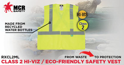 MCR Safety RXCL2ML - Hi-Vis Reflective Lime Safety Vest - Manufactured with Recycled Materials - Meets ANSI/ISEA 107 2020 Standard -Type R Class 2 Compliant - Five Point Break Away Design - Made with Environmentally Friendly Recycled Water Bottles and Pol — manufacturer image 6