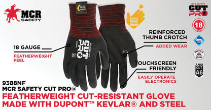 9388NF - MCR Safety CutPro® - 18 Gauge Black Kevlar® / Stainless-Steel - Cut Resistant Work Gloves - Nitrile Foam Palm and Fingertips - Reinforced Thumb Crotch for Durability and Extended Wear