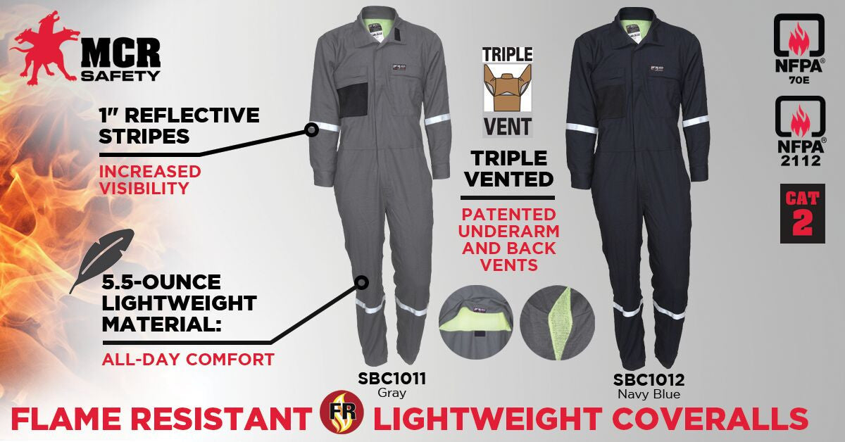 MCR Safety SBC1011 - Summit Breeze® Flame Resistant (FR) Coverall - Gray 5.5-ounce Inherent Blend Material - Long Sleeve with Vented Underarms and Back - 1 Inch Silver Reflective FR Stripes - CAT2 - ASTM F1930 Tested - Less Than 8% Body Burn — manufacturer image 3