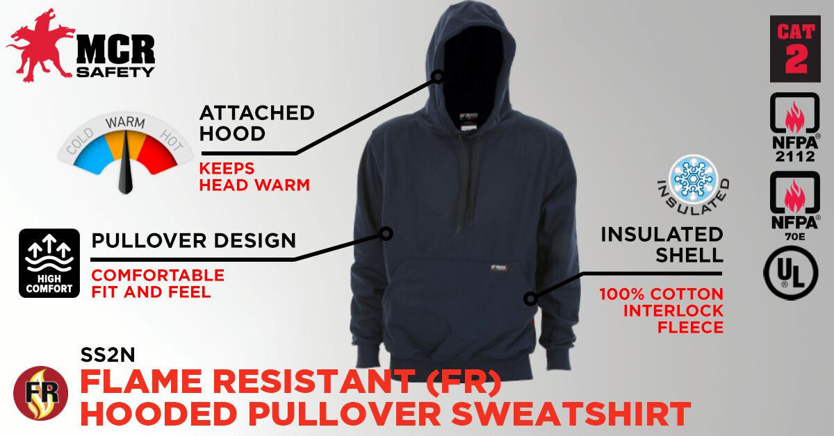 MCR Safety SS2N - ** Limited Inventory Available ** MCR Safety FR Gear - Navy Blue Flame Resistant (FR) Hooded Pullover Sweatshirt - 100% Cotton - Interlock Fleece Shell - NFPA 70E and NFPA 2112 Compliant — manufacturer image 3