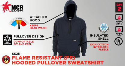 MCR Safety SS2N - ** Limited Inventory Available ** MCR Safety FR Gear - Navy Blue Flame Resistant (FR) Hooded Pullover Sweatshirt - 100% Cotton - Interlock Fleece Shell - NFPA 70E and NFPA 2112 Compliant — manufacturer image 3