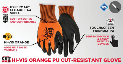 92724 - MCR Safety CutPro® - 13-Gauge Orange HyperMax® HPPE Shell - Cut Resistant Work Gloves - Polyurethane (PU) Coated Palm and Fingertips - Touchscreen Friendly Gloves