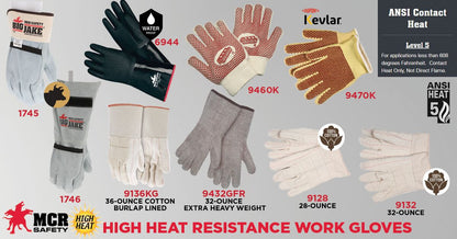 9132 - Hot Mill Work Gloves - 32-Ounce Heavyweight Fabric - 2.5 Inch Band Top - Knuckle Strap - Heat Resistant Cotton Work Gloves