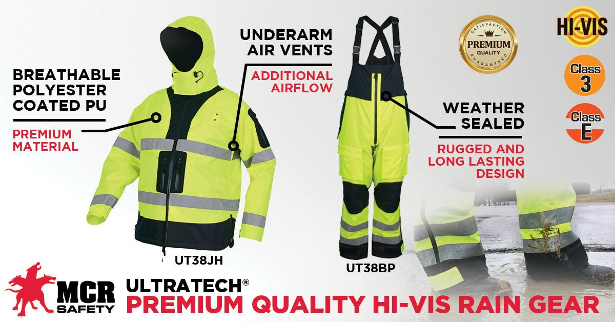 MCR Safety UT38BP - UltraTech® Hi Vis Rain Pants - Meets ANSI/ISEA 107 2020 Standards - Class E Compliant - Bib Style Pants with Zippered Front - Full Elastic Adjustable Suspenders - Inner Knee Pad Pockets — manufacturer image 3