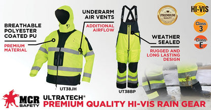 MCR Safety UT38BP - UltraTech® Hi Vis Rain Pants - Meets ANSI/ISEA 107 2020 Standards - Class E Compliant - Bib Style Pants with Zippered Front - Full Elastic Adjustable Suspenders - Inner Knee Pad Pockets — manufacturer image 3