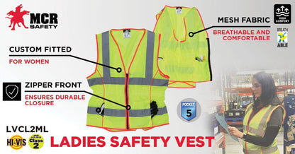 MCR Safety LVCL2ML - Hi-Vis Lime Safety Vest - 2 Inch Silver Reflective Stripes -Fitted for Women - Meets ANSI/ISEA 107 2020 Standard - Type R Class 2 Compliant - Breathable Safety Vest with Mesh Fabric — manufacturer image 3