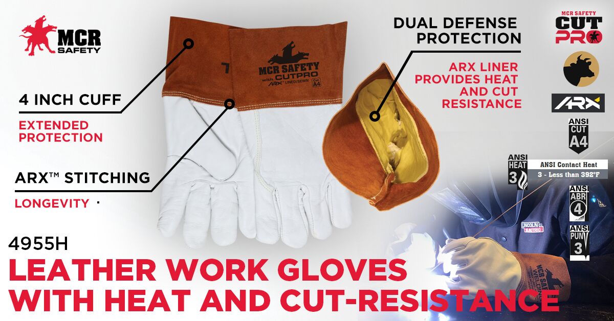 4955H - Leather Welding Work Gloves - Competitive Value (CV) C+ Grade Grain Cow Leather - 4 Inch Split Leather Bell Cuff - Lined and Sewn with ARX® Cut Resistant Material for Excellent Durability