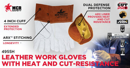 4955H - Leather Welding Work Gloves - Competitive Value (CV) C+ Grade Grain Cow Leather - 4 Inch Split Leather Bell Cuff - Lined and Sewn with ARX® Cut Resistant Material for Excellent Durability