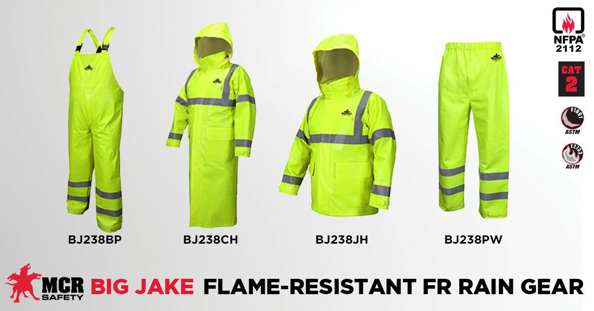 MCR Safety BJ238BP - Big Jake® 2 Rainwear - PVC / Meta-Aramid Fabric - Flame Resistant Rain Bib-Pants - ANSI Class E High Visibility Standard - CAT2 - Arc Rating ATPV 11 cal/cm² — manufacturer image 3