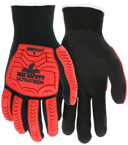 VPUT1950 - MCR Safety UltraTech® Mechanics Gloves Black Sandy Nitrile Foam Palm Fingertips TPR Back of Hand Protection 13-Gauge Nylon Shell Vending Packaged Hi-Vis Red TPR back of hand provides Level 1 Impact Protection