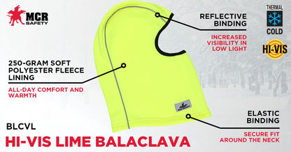 MCR Safety BLCVL - Polyester Fleece Lined Balaclava - Fluorescent Lime with Reflective Binding - One Size Fits All - 250-Gram Polyester Fleece Lining - Comfortable and Warm — manufacturer image 5
