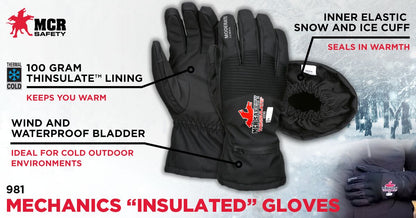 981 - MCR Safety Insulated Mechanics Gloves - 100 Gram Thinsulate™ Lining - MAXGrid™ Material Palm - Inner Elastic Snow and Ice Cuff - Waterproof / Windproof Barrier for Moderate Climate Protection