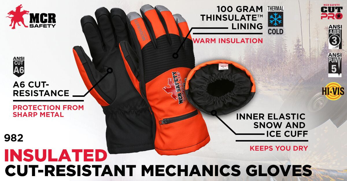 982M - MCR Safety Insulated Mechanics Gloves - 100 gram Thinsulate™ and Cut Resistant Lining - MAXGrid™ Material Palm - Inner Elastic Snow & Ice, Waterproof & Windproof Barrier for Moderate Climate Protection