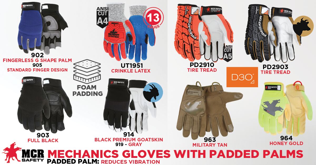 PD2903 - Predator® Mechanics Work Gloves - Premium Cow Grain Leather Palm - D3O® Foam Padded Palm - Tire Tread Pattern TPR Back Back-of-Hand - Reinforced Thumb Crotch - Patented Tire Tread TPR on the Back of the Hand