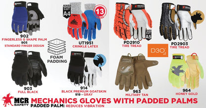 PD2903 - Predator® Mechanics Work Gloves - Premium Cow Grain Leather Palm - D3O® Foam Padded Palm - Tire Tread Pattern TPR Back Back-of-Hand - Reinforced Thumb Crotch - Patented Tire Tread TPR on the Back of the Hand