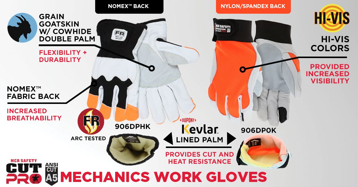 906DPHK - Leather Driver Work Gloves - Rugged Grain Goatskin with Cowhide Double Palm - Lined with DuPont™ Kevlar® Aramid Shell - DuPont™ Nomex™ Fabric Back - Reinforced Thumb Crotch - Hi-Vis Fingertips