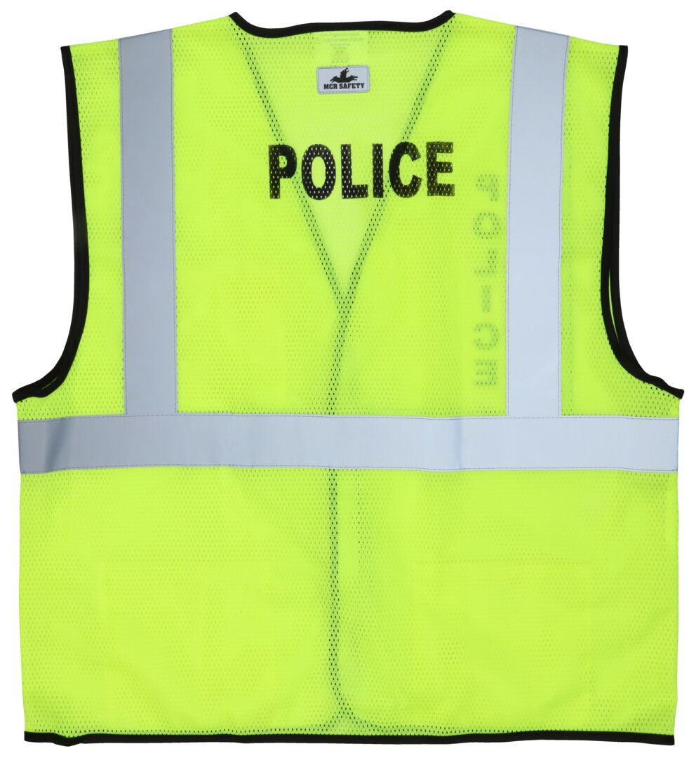 MCR Safety VCL2MLPLC - Hi-Vis Lime Safety Vest - Meets ANSI/ISEA 107 Standard - Type R Class 2 Compliant - Breathable Mesh Fabric - 2 Inch Silver Reflective Stripes - Hook and Loop Front Closure - Imprinted with Police Logo on Front Chest and Across Back — manufacturer image 3