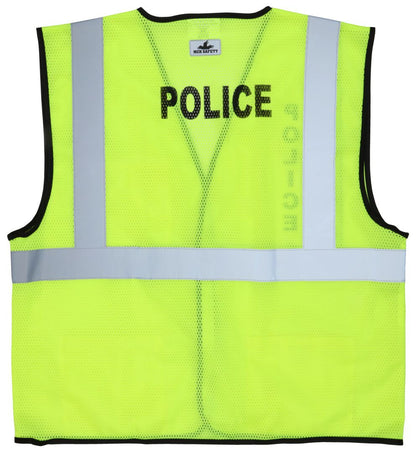 MCR Safety VCL2MLPLC - Hi-Vis Lime Safety Vest - Meets ANSI/ISEA 107 Standard - Type R Class 2 Compliant - Breathable Mesh Fabric - 2 Inch Silver Reflective Stripes - Hook and Loop Front Closure - Imprinted with Police Logo on Front Chest and Across Back — manufacturer image 3