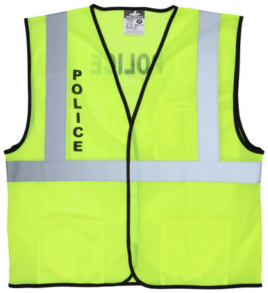MCR Safety VCL2MLPLC - Hi-Vis Lime Safety Vest - Meets ANSI/ISEA 107 Standard - Type R Class 2 Compliant - Breathable Mesh Fabric - 2 Inch Silver Reflective Stripes - Hook and Loop Front Closure - Imprinted with Police Logo on Front Chest and Across Back