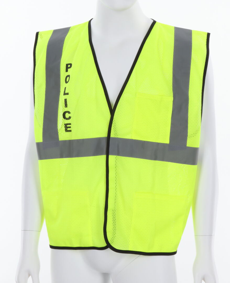 MCR Safety VCL2MLPLC - Hi-Vis Lime Safety Vest - Meets ANSI/ISEA 107 Standard - Type R Class 2 Compliant - Breathable Mesh Fabric - 2 Inch Silver Reflective Stripes - Hook and Loop Front Closure - Imprinted with Police Logo on Front Chest and Across Back — manufacturer image 2