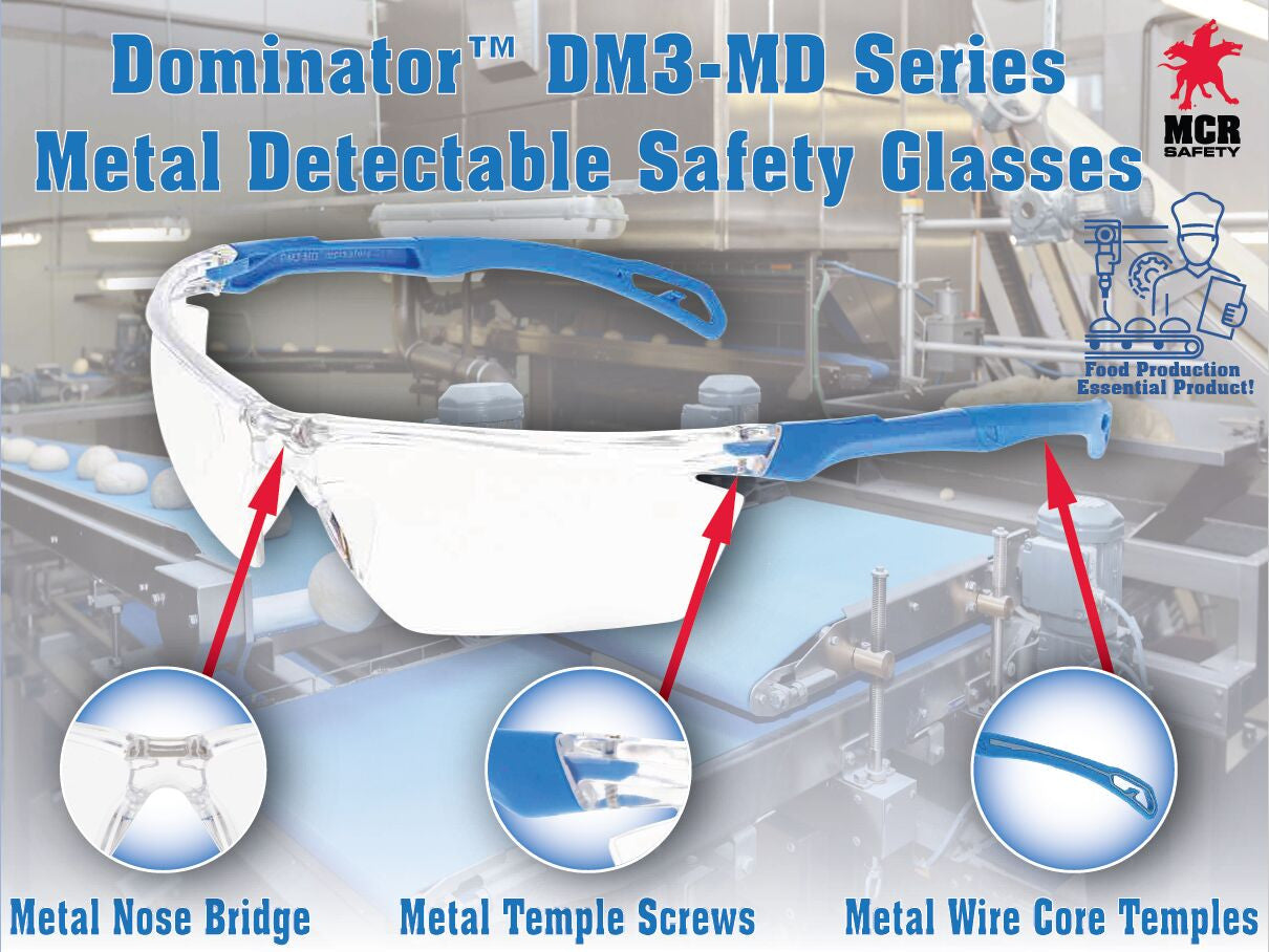 MCR Safety DM3MD - Dominator™ DM3-MD Safety Glasses - Metal Detectable / X-Ray Detectable - Clear Frame with Blue Temples - Earplug Retaining Technology - Adjustable Wire Core Temples for Custom Fit — manufacturer image 3