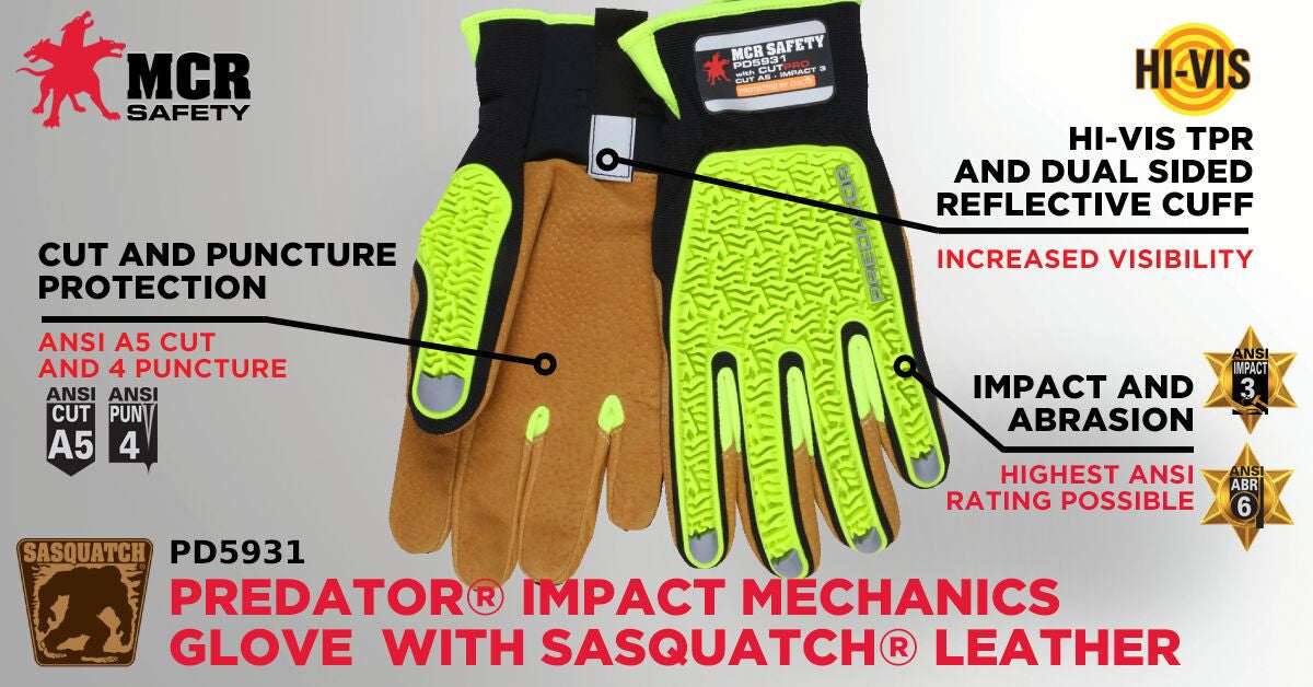 PD5931 - Predator® Impact Mechanics Gloves - Sasquatch® Leather Palm Work Gloves - TPR Back of Hand Protection - Cut, Abrasion, Tear, and Impact Resistant - TPR Back Provides Excellent Impact Protection