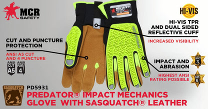 PD5931 - Predator® Impact Mechanics Gloves - Sasquatch® Leather Palm Work Gloves - TPR Back of Hand Protection - Cut, Abrasion, Tear, and Impact Resistant - TPR Back Provides Excellent Impact Protection