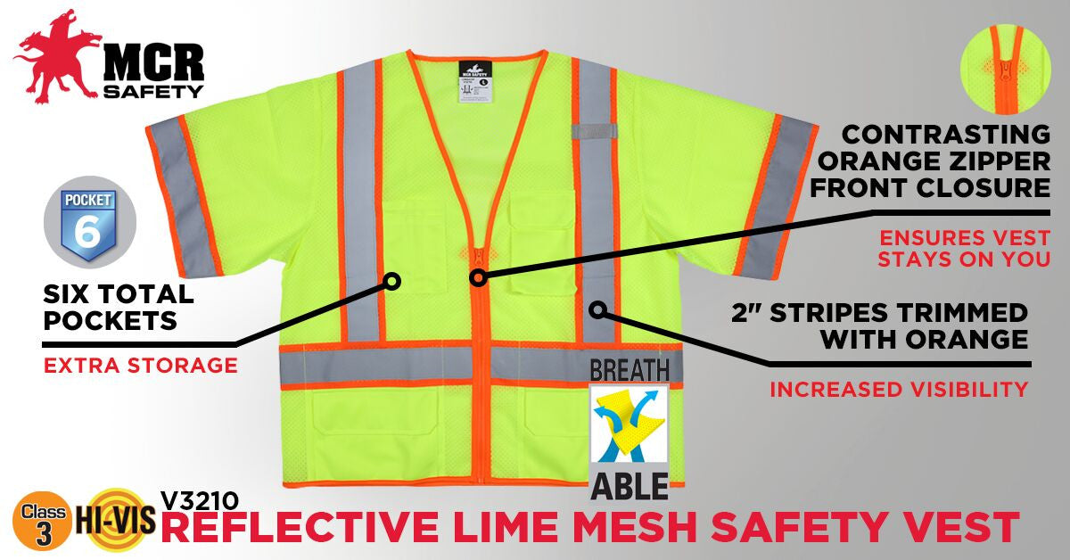 MCR Safety V3210 - Hi-Vis Reflective Lime Safety Vest - ANSI/ISEA 107 2020 Type R Class 3 - 2 Inch Silver Stripes Trimmed in Orange - Cool Breathable Mesh Fabric - Zippered Front Closure — manufacturer image 4