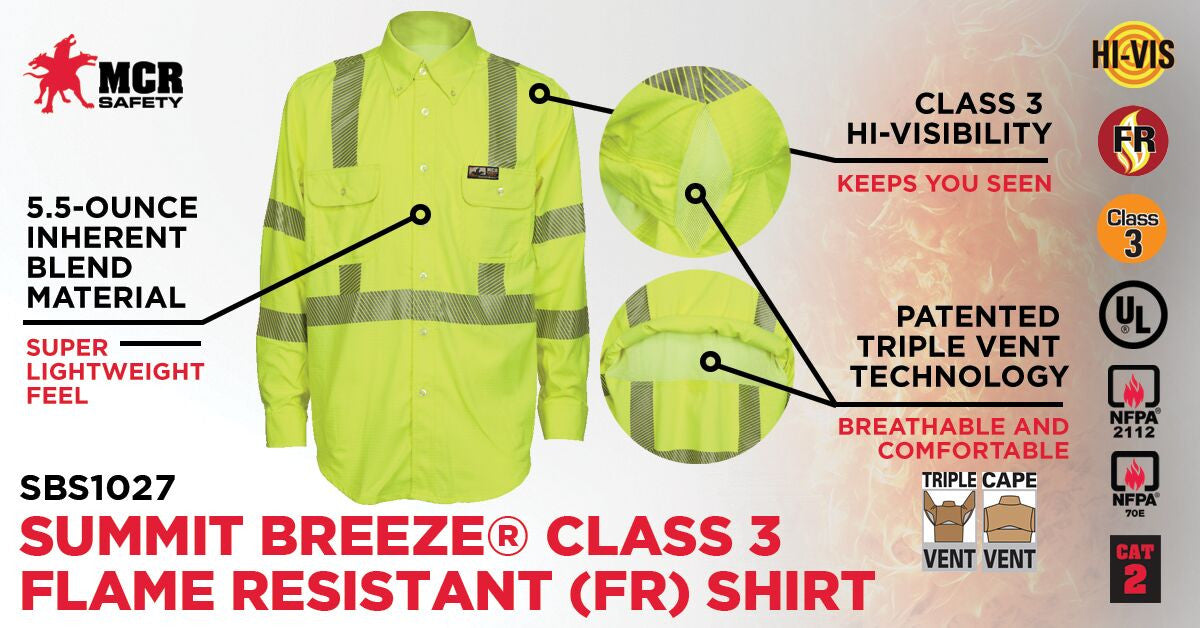 MCR Safety SBS1027 - Summit Breeze® Class 3 Flame Resistant (FR) Shirt - Lime 5.5-ounce Inherent Blend Material - Long Sleeve with Vented Underarms and Back - CAT-2 - ASTM F1930 Tested - Less Than 5% Body Burn when Worn with our P2D Jeans — manufacturer image 5