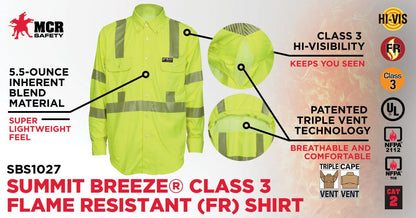 MCR Safety SBS1027 - Summit Breeze® Class 3 Flame Resistant (FR) Shirt - Lime 5.5-ounce Inherent Blend Material - Long Sleeve with Vented Underarms and Back - CAT-2 - ASTM F1930 Tested - Less Than 5% Body Burn when Worn with our P2D Jeans — manufacturer image 5