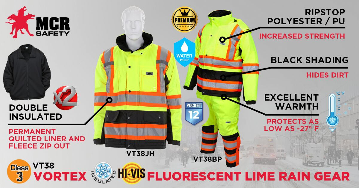 MCR Safety VT38JH - Vortex Hi Vis Rain Gear- Winter Jacket with Detachable Hood - Zip Out Fleece Liner - Double Insulated Rip Stop Polyester / PU - Meets ANSI/ISEA 107 2020 Standard - Type R Class 3 Compliant - Protects in Temperatures as Low as -27° F — manufacturer image 3