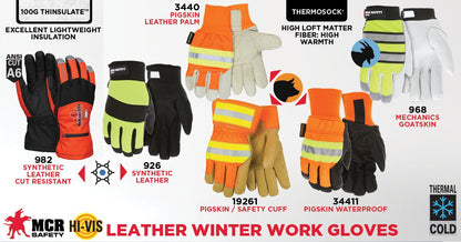 982M - MCR Safety Insulated Mechanics Gloves - 100 gram Thinsulate™ and Cut Resistant Lining - MAXGrid™ Material Palm - Inner Elastic Snow & Ice, Waterproof & Windproof Barrier for Moderate Climate Protection
