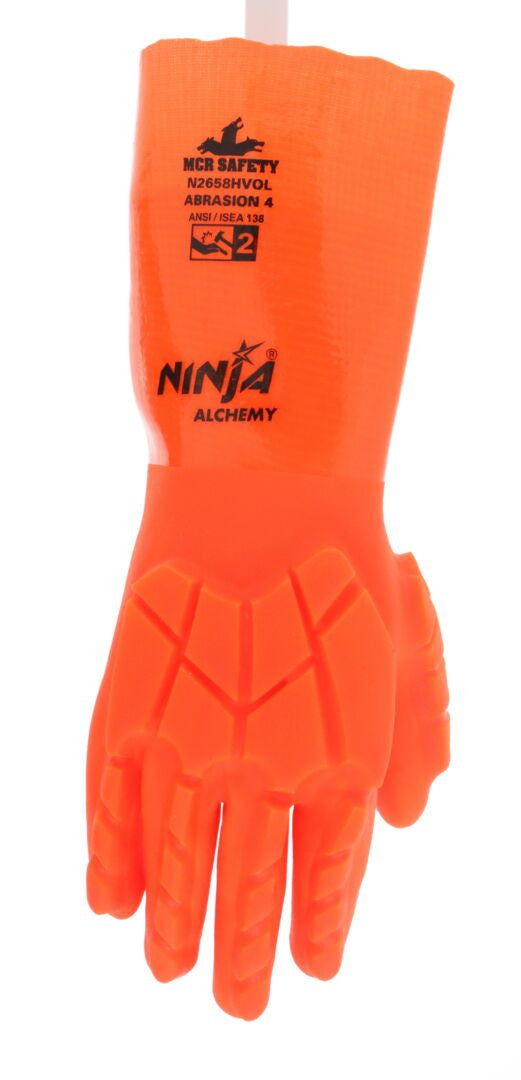 N2658HVO - Ninja® Alchemy Work Gloves - 15-Gauge Nylon Shell - Fully Double Coated with PVC - TPR Back-of-Hand Impact Protection - 14-Inch Gauntlet Cuff - Hi-Visibility Waterproof Glove with Level 2 Impact Protection