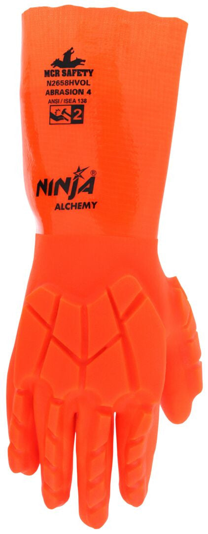 N2658HVO - Ninja® Alchemy Work Gloves - 15-Gauge Nylon Shell - Fully Double Coated with PVC - TPR Back-of-Hand Impact Protection - 14-Inch Gauntlet Cuff - Hi-Visibility Waterproof Glove with Level 2 Impact Protection